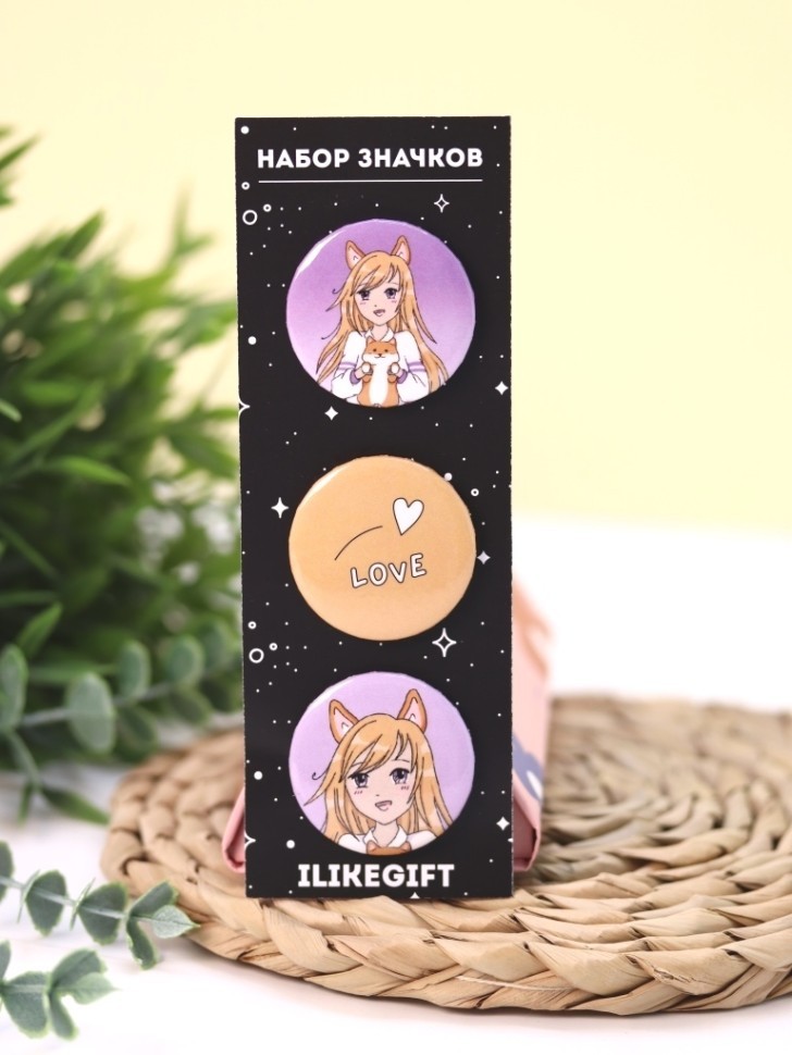 Набор значков 3 шт. iLikeGift Аниме "Люблю девушку корги"