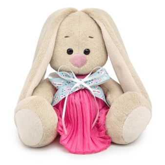 Мягкая игрушка "Зайка Ми в платье из жатой ткани с бантом (малыш)" (15 см)