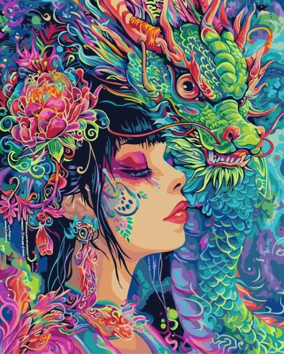 Картина по номерам 40*50 &quot;Девушка с неоновым драконом&quot; (24 цвета) 