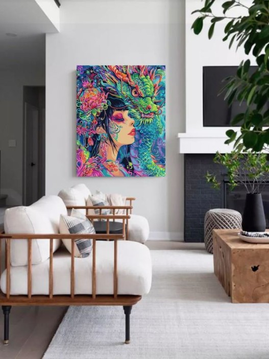 Картина по номерам 40*50 &quot;Девушка с неоновым драконом&quot; (24 цвета) 