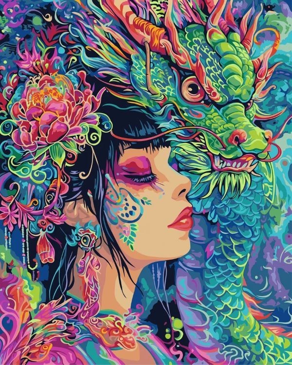 Картина по номерам 40*50 "Девушка с неоновым драконом" (24 цвета)