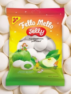 Жевательный зефир c начинкой. "FELLO MELLO" JELLY СО ВКУСОМ ЯБЛОКА, 55 гр.