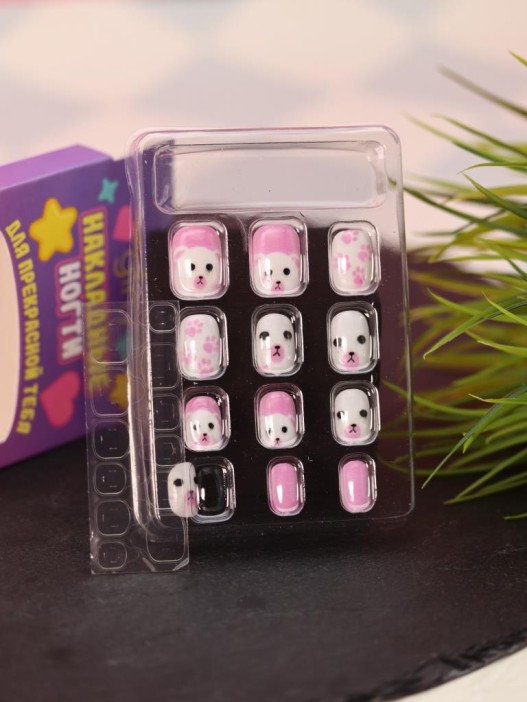 Накладные ногти GIRLY "Полярный медведь", 12 шт., с клеевыми пластинами 
