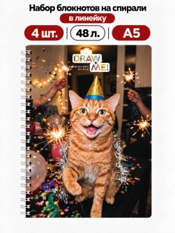 Набор блокнотов на спирали в линейку А5 Draw Me! 4шт."Новогодний котик с огоньком", 48л