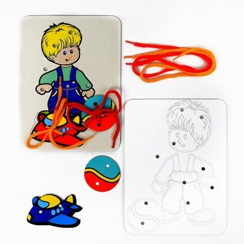 Набор Шнуровка - раскраска 2 в 1 &quot;Мальчик + Самолет + Мяч&quot; 