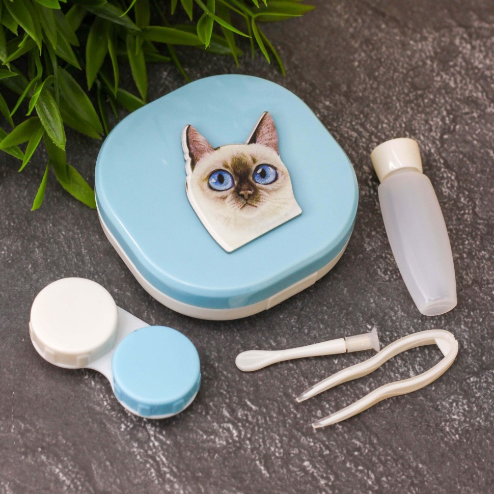 Контейнер для линз "Чистопородный кот", сине-белый