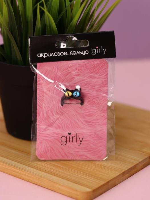 Кольцо акриловое GIRLY "Черный кот", черное (d=1,7 см) 