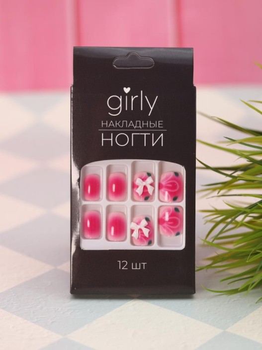 Накладные ногти GIRLY «White bow», 12 шт., с клеевыми пластинами 