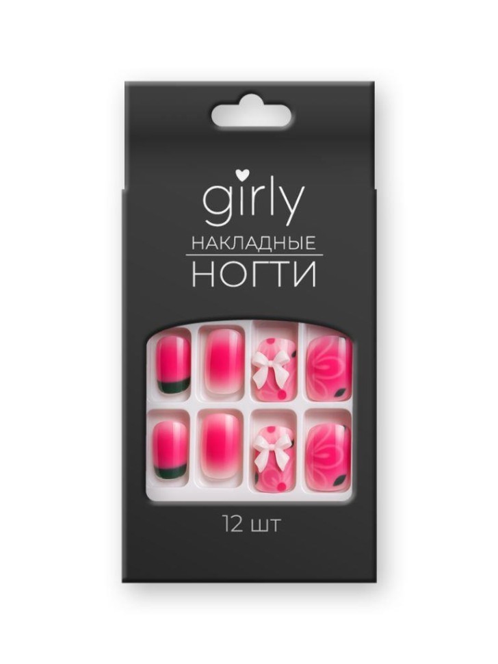 Накладные ногти GIRLY "Белый бантик", 12 шт., с клеевыми пластинами