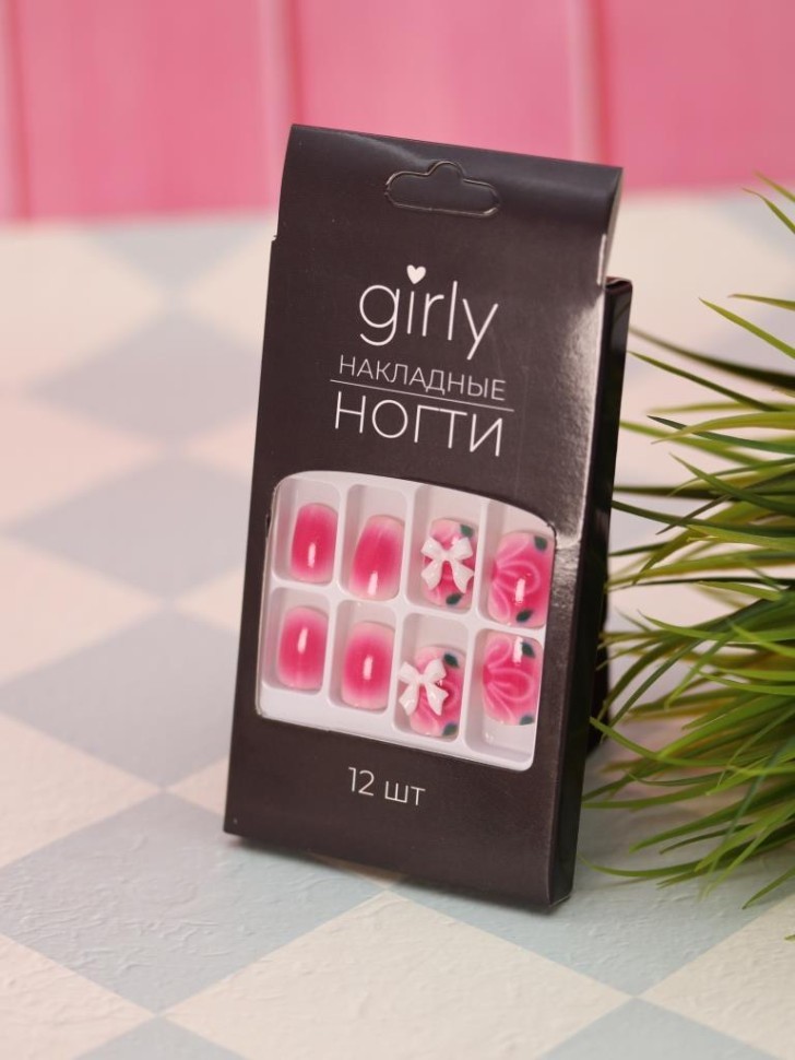 Накладные ногти GIRLY "Белый бантик", 12 шт., с клеевыми пластинами