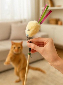 Махалка для кошек "Мышка", бежевая с лентами