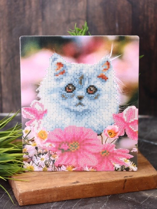 Алмазная мозаика "Кошка", частичная выкладка, пластиковая подставка, 21*25 см 