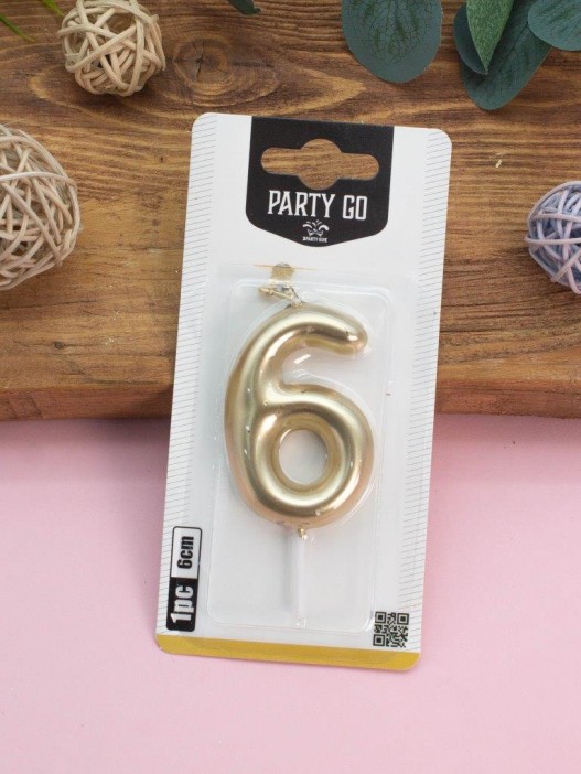 Свеча для торта &quot;Golden glow&quot; цифра 6, (6 см) 