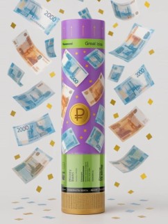 Хлопушка пневматическая 30см "Деньги на ветер", прямоугольники «рубли» (5000, 2000, 1000)