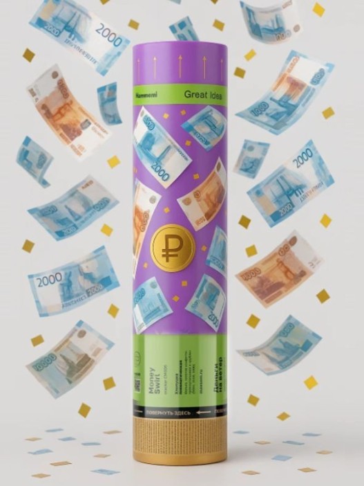 Хлопушка пневматическая 30см &quot;Деньги на ветер&quot;, прямоугольники «рубли» (5000, 2000, 1000) 