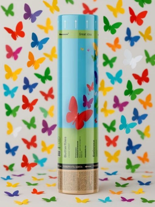 Хлопушка пневматическая 30см &quot;Бабочки&quot;, прямоугольники и бабочки разноцветные) 