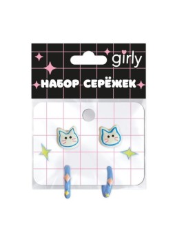 Набор сережек GIRLY 3 пары "Кошка сверкает", зелёные