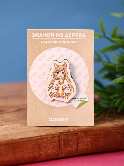 Значок ECO из дерева Аниме "Love corgi girl" 