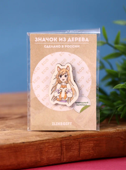 Значок ECO из дерева Аниме "Love corgi girl" 