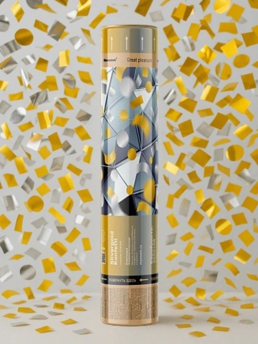 Хлопушка пневматическая 30см &quot;Серебристо-золотой&quot;, прямоугольники и кружки) 