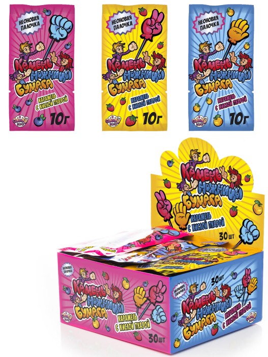 Карамель леденцовая с кислой пудрой «Камень-ножницы-бумага», 30шт. 
