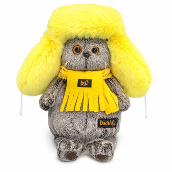 Мягкая игрушка "Кот Басик в желтой меховой шапке" (22 см)