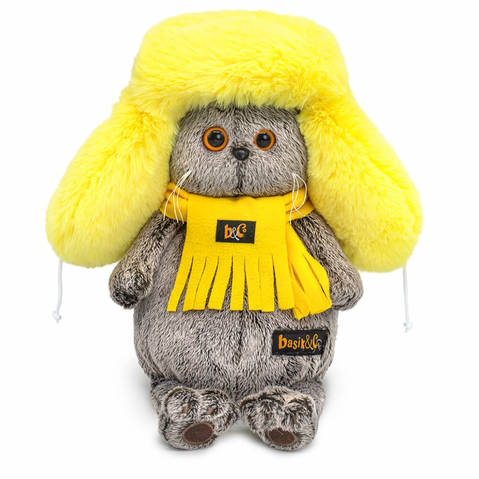 Мягкая игрушка "Кот Басик в желтой меховой шапке" (22 см)