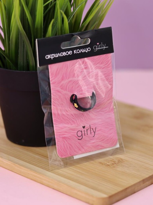 Кольцо акриловое GIRLY "Изобилие цветов", черное (d=1,7 см) 