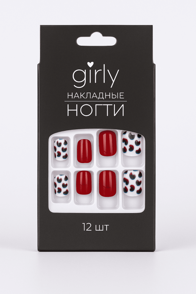 Накладные ногти GIRLY "Красно-черный цвет", 12 шт., складными клеевыми пластинами