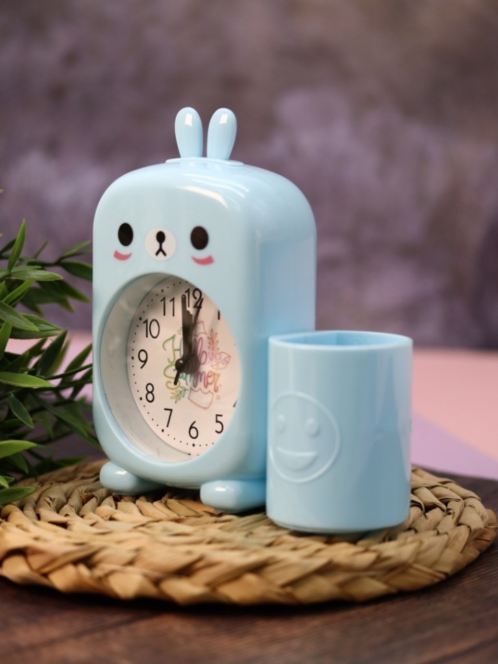 Часы-будильник с подставкой для канцелярии «Cute bunny», blue