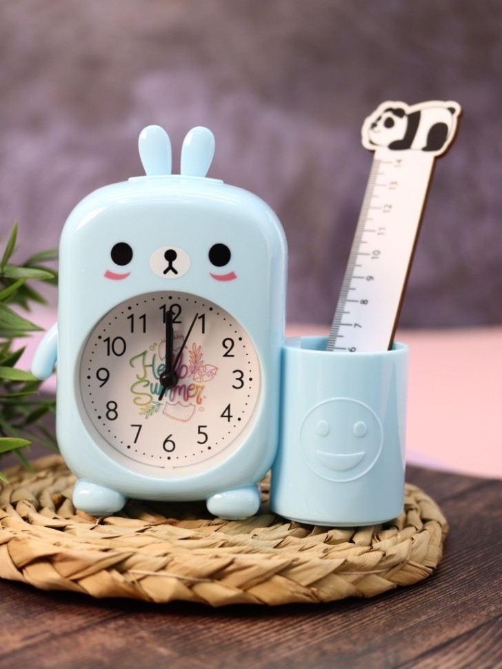 Часы-будильник с подставкой для канцелярии «Cute bunny», blue