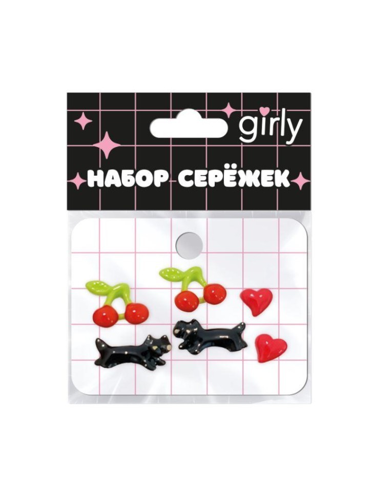 Набор сережек GIRLY 3 пары "Вишнёвые коты", чёрный
