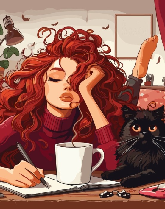 Набор мини открыток 10 шт. &quot;Девушка с котом и кофе&quot;, 7.5*9.5см 