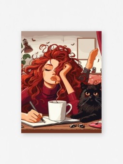 Набор мини открыток 10 шт. "Девушка с котом и кофе", 7.5*9.5см