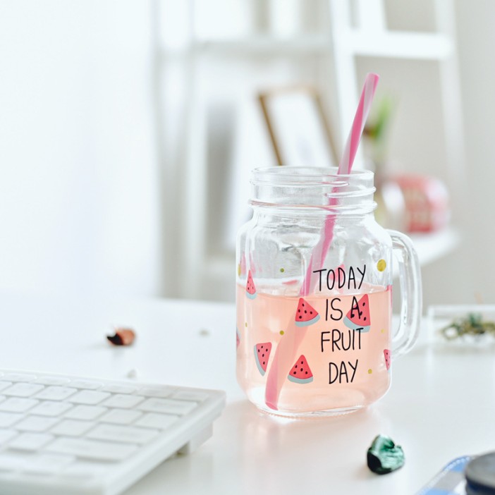 КРУЖКА банка для напитков с трубочкой - Красный арбуз 
