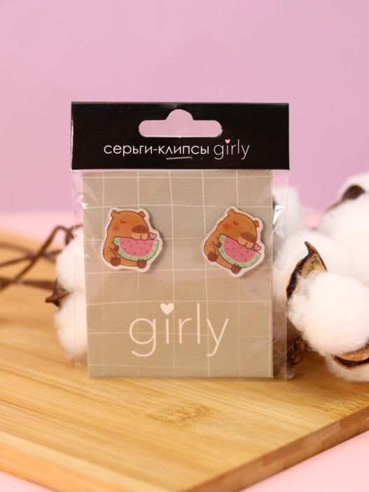 Серьги-клипсы GIRLY &quot;Capybara with watermelon&quot; 