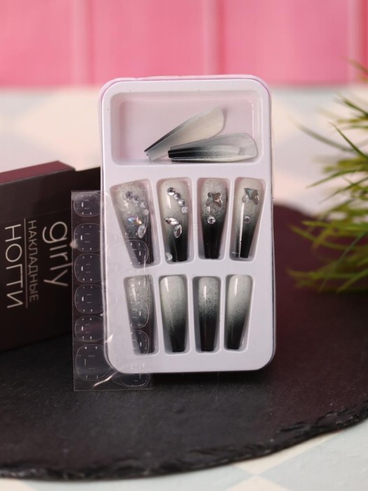 Накладные ногти GIRLY «Black glitter», 12 шт., с клеевыми пластинами 