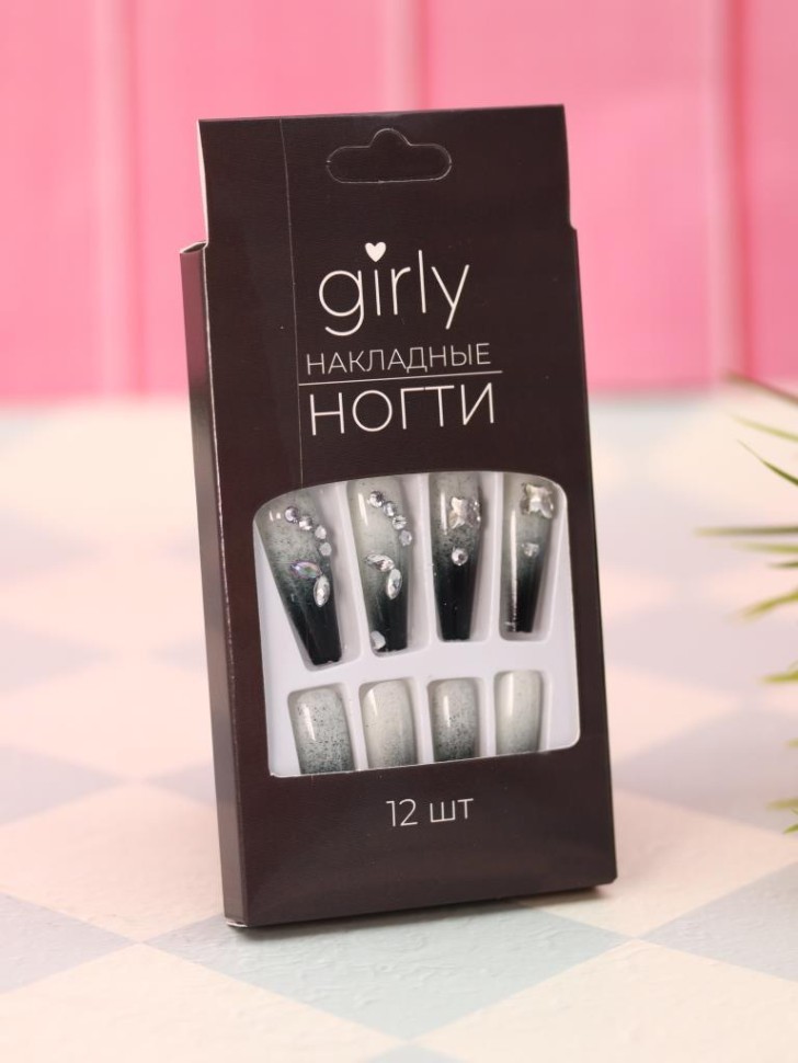 Накладные ногти GIRLY "Черный блеск", 12 шт., с клеевыми пластинами