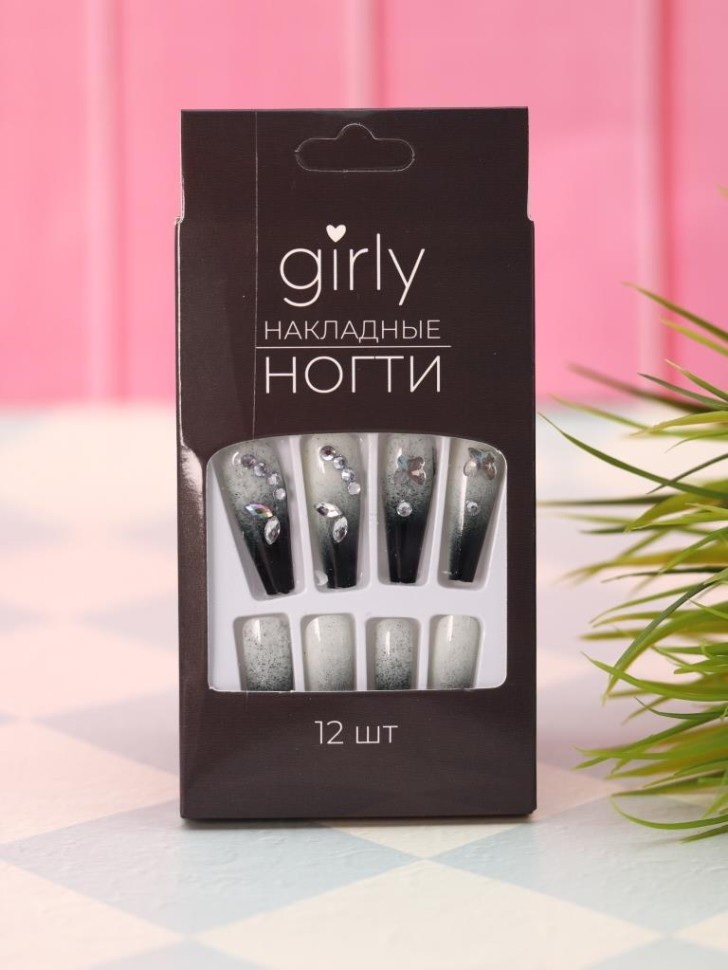 Накладные ногти GIRLY "Черный блеск", 12 шт., с клеевыми пластинами