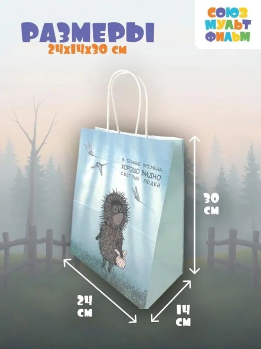 Пакет подарочный «Ёжик в тумане. В тёмные времена», белый (24*14*30) 