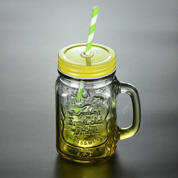 КРУЖКА банка для напитков с трубочкой (желтый+желтая крышечка) 
