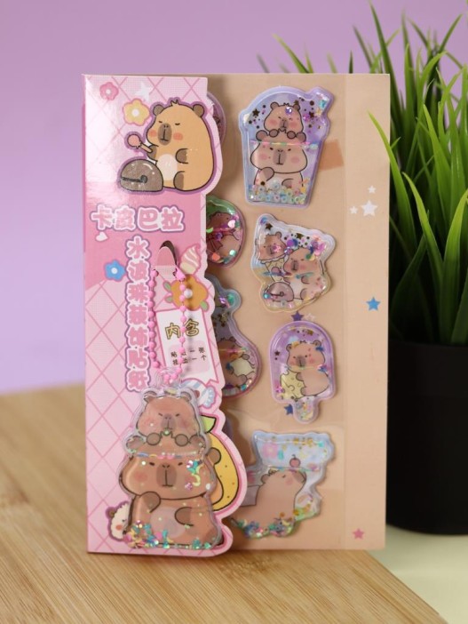 Набор гелевых наклеек с блёстками + брелок "Capybara", розовые (11,5*21 см) 