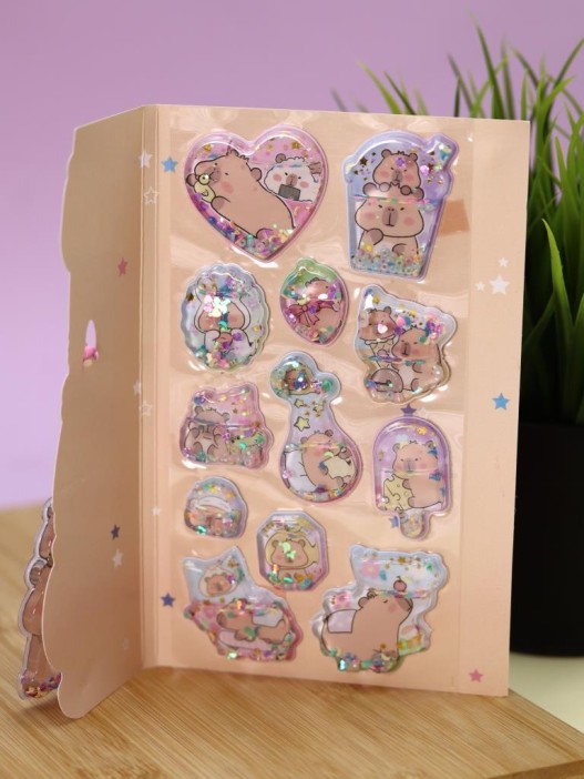 Набор гелевых наклеек с блёстками + брелок "Capybara", розовые (11,5*21 см) 