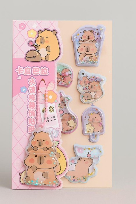 Набор гелевых наклеек с блёстками + брелок "Capybara", розовые (11,5*21 см) 