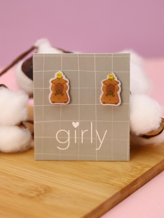 Серьги-клипсы GIRLY &quot;Capybara with a chicken&quot; 