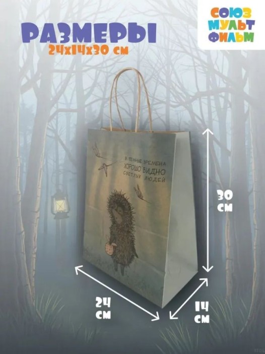 Пакет  подарочный «Ёжик в тумане. В тёмные времена», крафт (24*14*30) 
