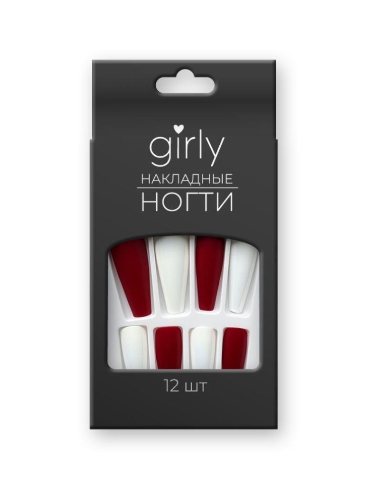 Накладные ногти GIRLY "Красные и белые", 12 шт., с клеевыми пластинами
