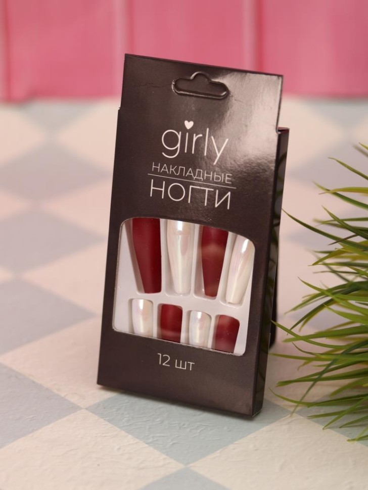 Накладные ногти GIRLY "Красные и белые", 12 шт., с клеевыми пластинами