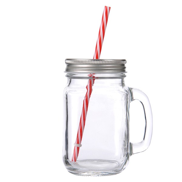 КРУЖКА банка для напитков с трубочкой и серой крышечкой 