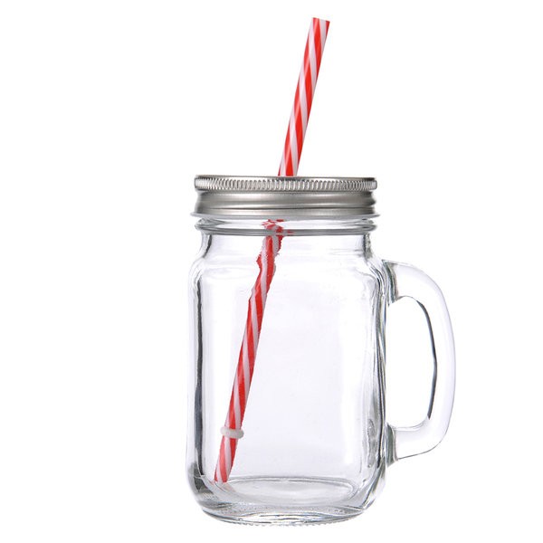 КРУЖКА банка для напитков с трубочкой и серой крышечкой 